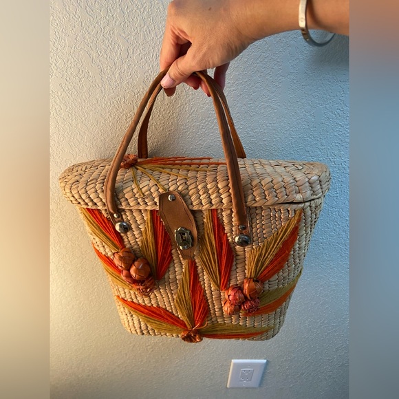 Vintage Woven Wicker Rattan Straw Satchel Handbag Tote Basket Bag Boho Med. Size - Picture 3 of 13